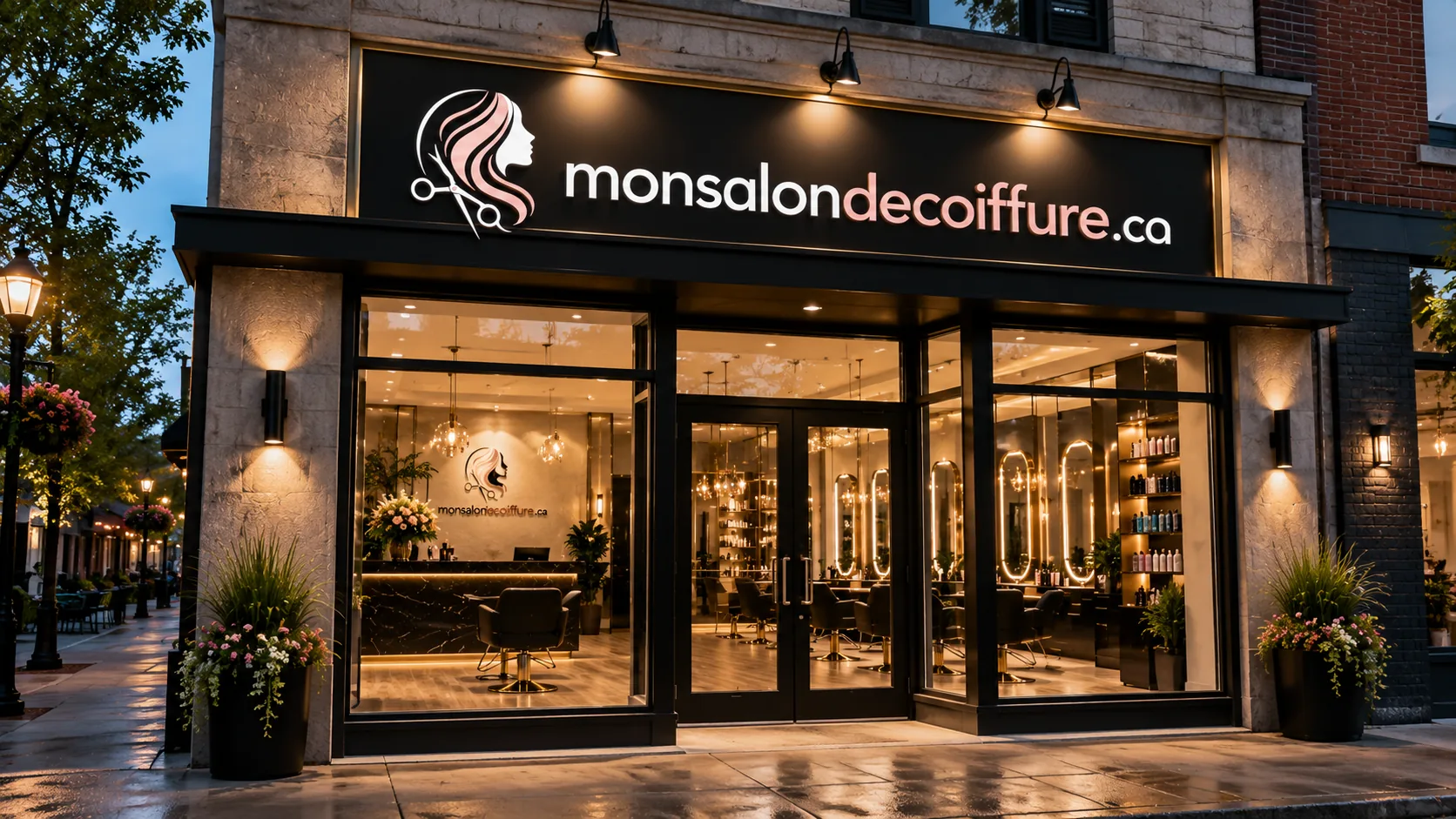 Devanture d'un salon de coiffure en soirée